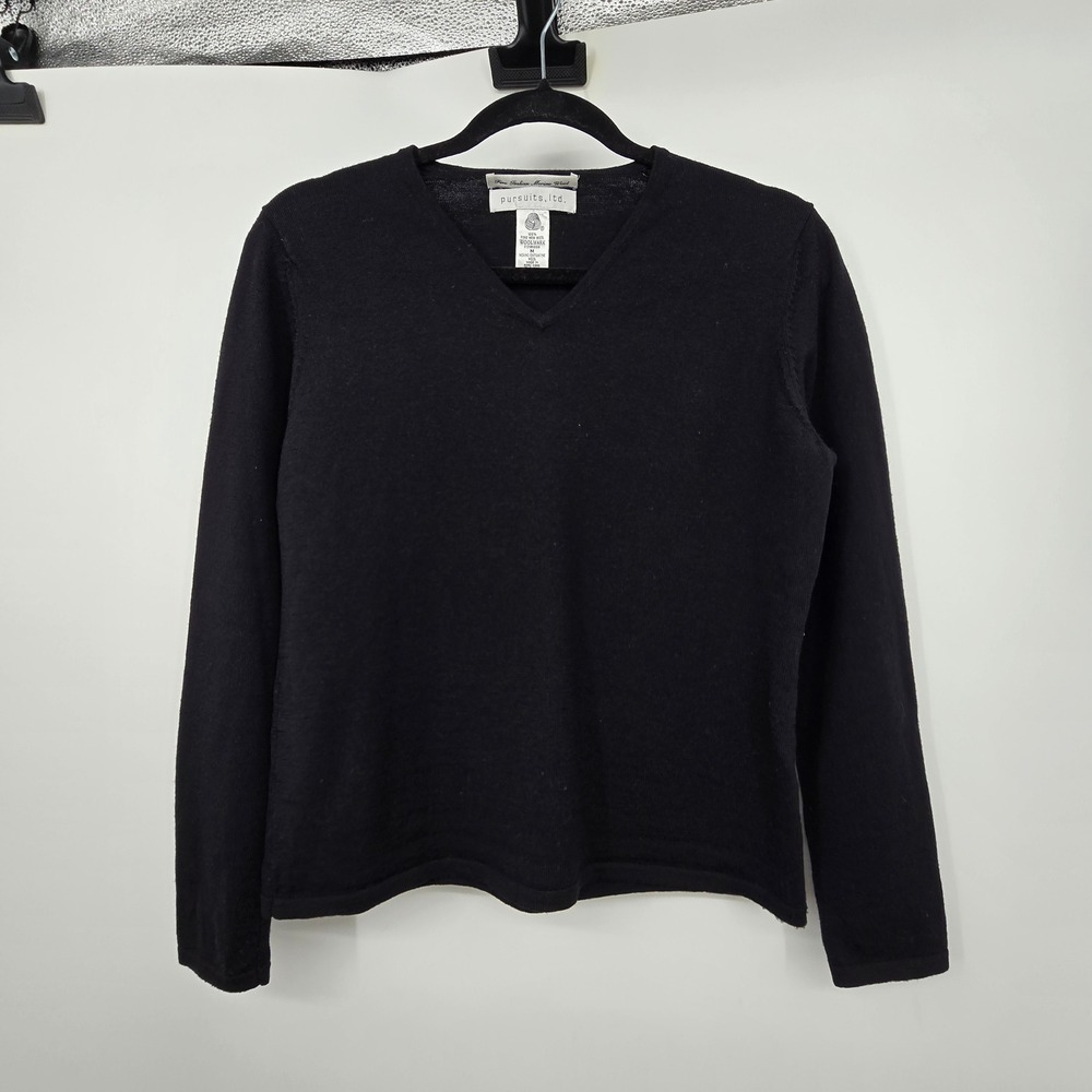 Vintage 90s Pursuits 100% Merino Wool V-Neck Sweater Women M Black Dark Academia